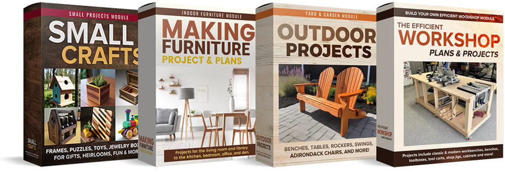 The four TedsWoodworking plan modules: Small Crafts, Making Furniture, Outdoor Projects and The Efficient Workshop