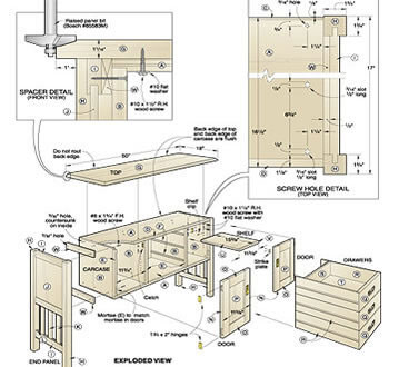 Exploded-view cabinet plan with spacer and screw-hole details