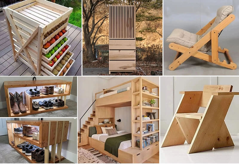 Collage of wooden projects: produce rack, shoe benches, bunk bed with shelves and chairs