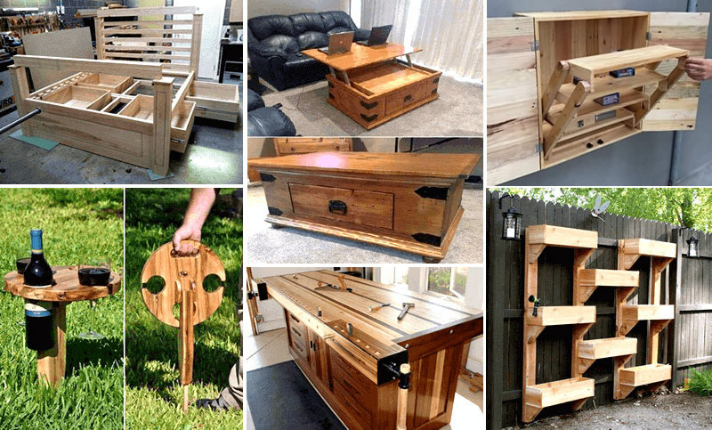 Project examples: storage bed, lift-top coffee table, wine table, workbench, vertical planters